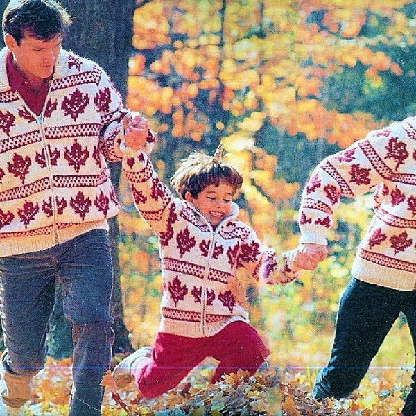 Vintage Knitting Pattern Maple Leaf Jackets Fair Isle Chunky Knit PDF Instant Digital Download Family Sweater Front Zip 12 Ply