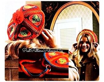 Vintage Crochet Pattern Womens Granny Square Tam Hat and Round Shoulder Bag Set PDF Instant Digital Download Retro Boho Hat Purse 10 Ply