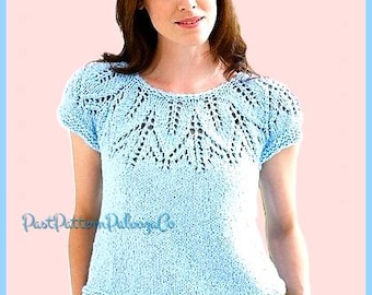 Vintage Knitting Pattern Womens Lacy Eyelet Leaf Yoke Summer Top PDF Instant Digital Download Short Sleeved 12 Ply Extra Small to 5X