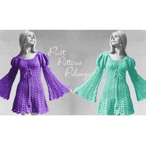May include: Two crochet dresses, one purple and one teal, with bell sleeves and a drawstring waist. The dresses are displayed side-by-side with the text "Past Patterns Palooza" in the background. The dresses have a scoop neckline and a scalloped hem.