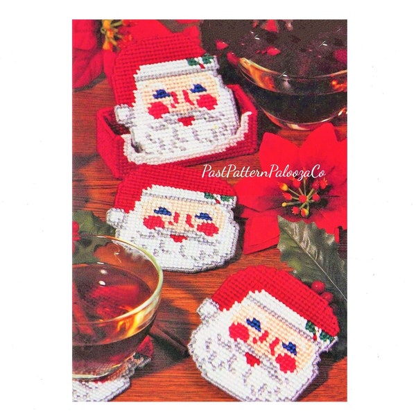 Vintage Christmas Plastic Canvas Pattern Santa Claus Faces Coaster and Holder Set PDF Instant Digital Download