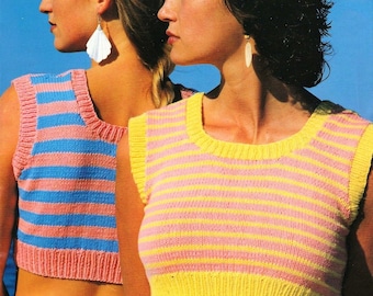 Vintage Knitting Pattern Womens Summer Crop Tops Striped or Solid PDF Instant Digital Download Short Sleeve Cami Tanks DK