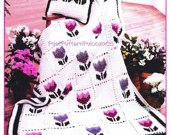 Vintage Crochet Tulip Squares Afghan Pattern PDF Instant Digital Download Cross Stitch flowers over Single Crochet Throw Blanket 12 Ply