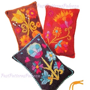 Vintage Embroidery Sewing Pattern 6&quot; Folk Art Flower Pincushions PDF Instant Digital Download 3 Retro Groovy Embroidered Pincushion Designs