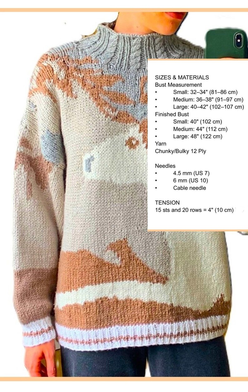 May include: A knit sweater featuring a multi-colored abstract pattern in shades of tan, brown, and light blue. The garment has a high ribbed collar and long sleeves. Text on the image lists sizes, yarn type, needle sizes, and tension measurements.