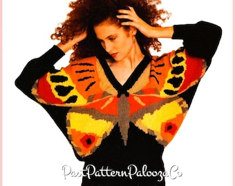 Vintage Knitting Pattern Womens V Shaped Butterfly Motif Sweater PDF Instant Digital Download Retro 80s Dolman Sleeved Pullover Jumper