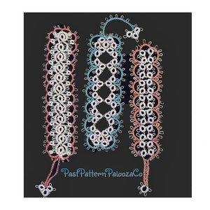 May include: Three handmade crocheted bookmarks in red, blue, and green. The bookmarks are made with a delicate lace pattern and have a tassel at the bottom. The text "PastPattern PaloozaCo" is visible at the bottom of the image.