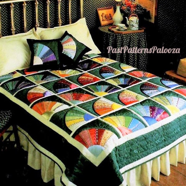 Vintage Sewing Pattern Victorian Fans Bed Quilt and Pillow Set PDF Instant Digital Download Patchwork Blocks Moire Taffeta Fabric 81x93