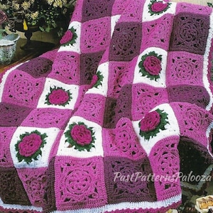 Vintage Crochet Pattern Gingham & Roses Granny Squares Afghan PDF Instant Digital Download Checked Flowers Throw Blanket 48x61 10 Ply image 1