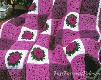 Vintage Crochet Pattern Gingham & Roses Granny Squares Afghan PDF Instant Digital Download Checked Flowers Throw Blanket 48x61 10 Ply