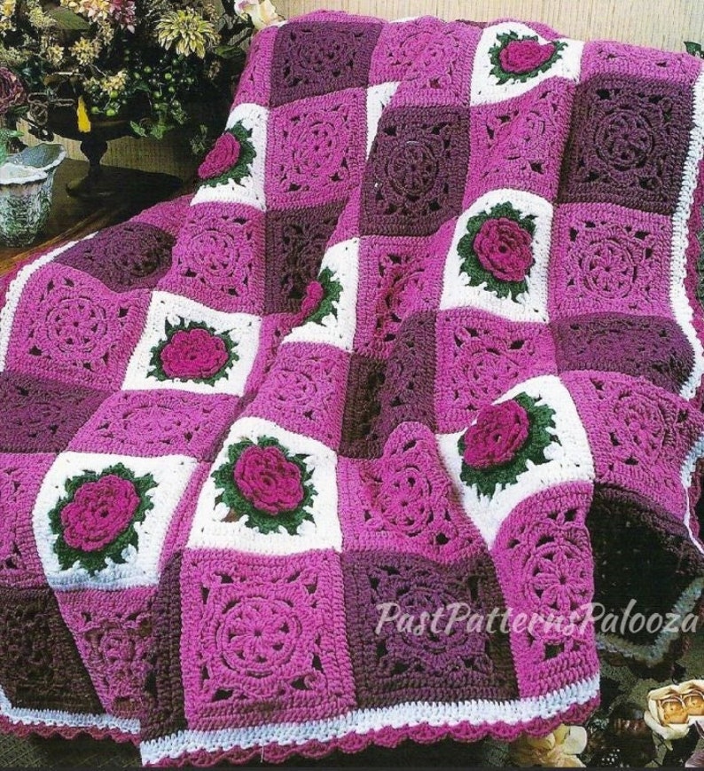 Vintage Crochet Pattern Gingham & Roses Granny Squares Afghan PDF Instant Digital Download Checked Flowers Throw Blanket 48x61 10 Ply image 1