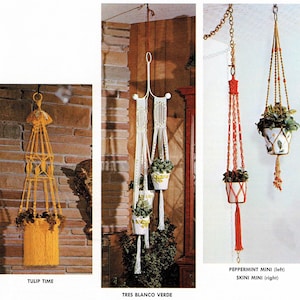 May include: Three macrame plant hangers with different designs and colors. The first is yellow and called "TULIP TIME". The second is white and called "TRES BLANCO VERDE". The third is red and called "PEPPERMINT MINI (left)" and "SKINI MINI (right)".