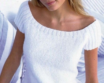 Vintage Knitting Pattern Womens Knit Top Short Sleeve Sweater Simple Scoop Neck Summer Pullover Top PDF Instant Digital Download DK 8 Ply