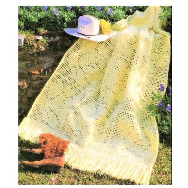 Vintage Filet Crochet Pattern Yellow Rose Squares Afghan PDF Instant Digital Download Floral Flower Blanket 49x68 10 Ply