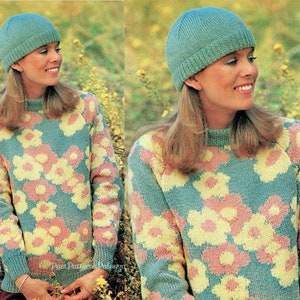 Vintage Knitting Pattern Womens Spring Flower Motif Pullover