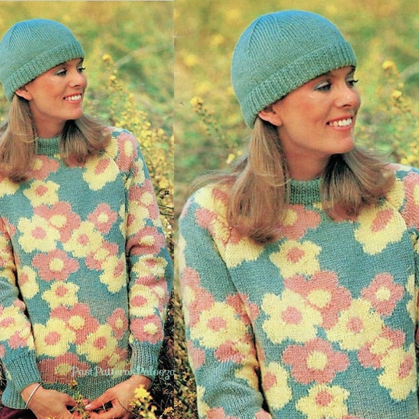 Vintage Knitting Pattern Womens Spring Flower Motif Pullover Sweater and Hat Set PDF Instant Digital Download DK 8-Ply