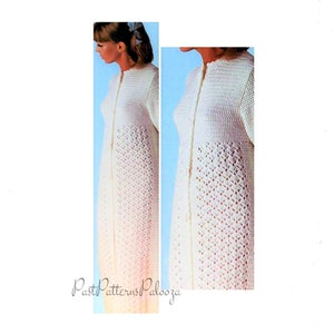 May include: A white crochet cardigan with a button-up front and a diamond stitch pattern. The cardigan is shown on a model with a light blue background.
