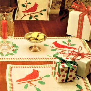 Vintage Crochet Pattern Calico Cardinal Birds Holly Holiday Set Afghan Pillow Table Runner Place Mats Christmas PDF Instant Digital Download image 3