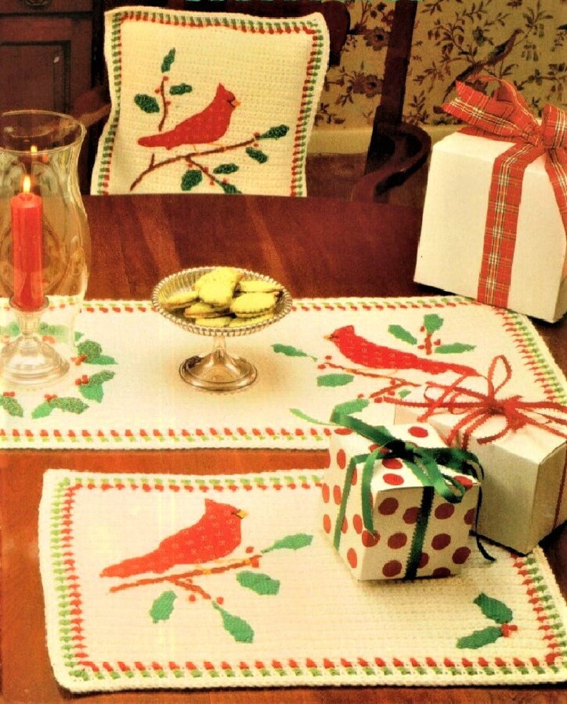 Vintage Crochet Pattern Calico Cardinal Birds Holly Holiday Set Afghan Pillow Table Runner Place Mats Christmas PDF Instant Digital Download image 3