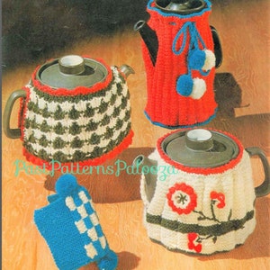 May include: Four teapots with knitted covers in various designs. One cover is red with blue accents and pom-poms, another has a white and green pattern, and a third is white with red floral designs. A blue knitted cozy is also shown.