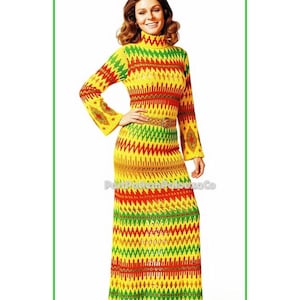 May include: A floor-length, long-sleeved knit dress featuring a high turtleneck collar and a vibrant, repeating geometric pattern in bright yellow, red, and green. The dress includes a matching fabric belt at the waist and flared sleeves.
