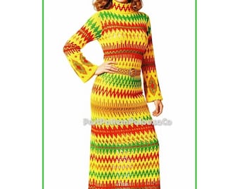Vintage Knitting Pattern Womens Fireside Jacquard Maxi Dress PDF Instant Digital Download  Boho Retro 70s Groovy Gown