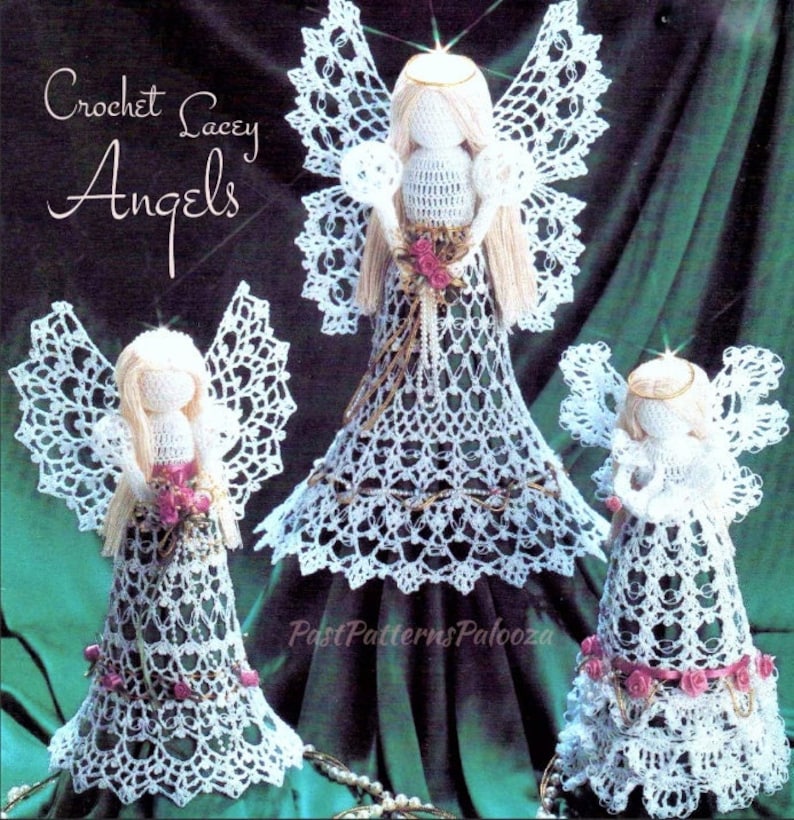 Vintage Crochet Pattern Cotton Thread Lace Christmas Angels PDF Instant Digital Download 3 Designs Ornaments Centerpieces Mantel Decor image 1