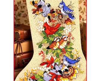 Vintage Cross Stitch Pattern 16" Heirloom Winter Forest Birds Christmas Stocking PDF Instant Digital Download Partridge Cardinal Blue Jay