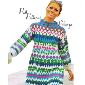 Vintage Knitting Pattern Womens Nordic Icelandic Mini or Maxi Sweater Dress PDF Instant Digital Download Retro Fair Isle Scandinavian