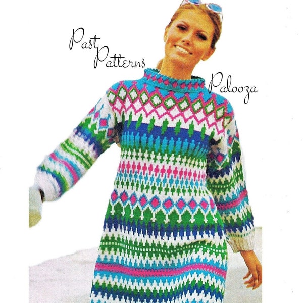 Vintage Knitting Pattern Womens Nordic Icelandic Mini or Maxi Sweater Dress PDF Instant Digital Download Retro Fair Isle Scandinavian