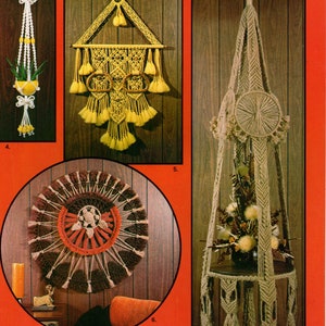 May include: Four macrame wall hangings, two in yellow, one in brown and white, and one in beige. The hangings are made with different knotting techniques and feature tassels and fringe.