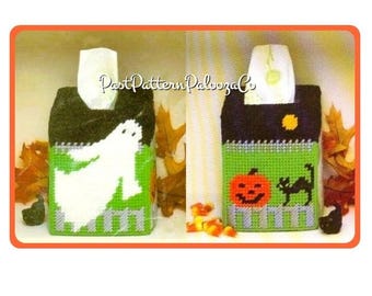 Vintage Plastic Canvas Halloween Tissue Box Cover Pattern Spooky Holiday Tissue Topper PDF Instant Digital Download Ghost Pumpkin Black Cat