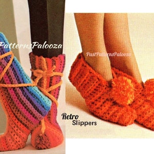 May include: Two pairs of crocheted slippers. The first pair is multi-coloured with a striped pattern and ties at the ankle. The second pair is orange with pom-poms and a simple stitch pattern. The image includes the text "PastPatternsPalooza" and "Retro Slippers".