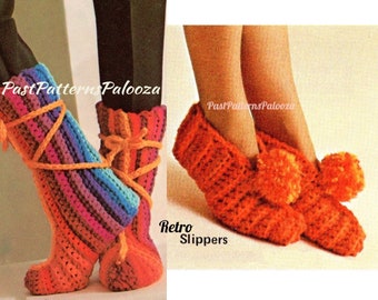 Vintage Crochet Pattern Womens Classic Pom Pom Slippers and Rainbow House Boots PDF Instant Digital Download Retro '70s Chic 12 Ply