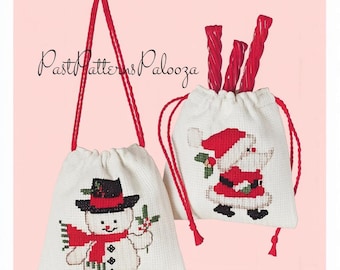 Vintage Cross Stitch Pattern 5" Christmas Ornament Gift Bags PDF Instant Digital Download Santa Snowman Aida Cloth Treat Holders
