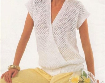 Vintage Knitting Pattern Womens Bobble Stitch Crossover Summer Top PDF Instant Digital Download Loose Knit Lacy Openwork Cotton 8 Ply
