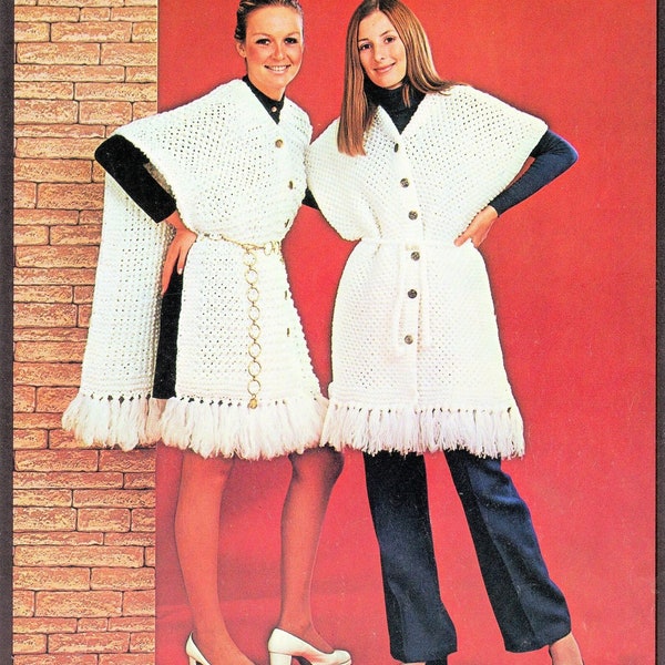 Vintage Crochet Pattern Womens Fringed Stole Poncho & Belt PDF Instant Digital Download Mod Boho Buttoned Belted Versatile Poncho 3 Ply