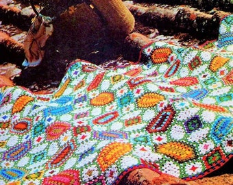 Vintage Crochet Pattern Crazy Mosaic Granny Square Afghan PDF Instant Digital Download Geometric Shapes Throw Blanket 5 Ply Retro 1978