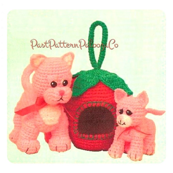 Vintage Crochet Pattern Mama Cat and Kitten Plush Soft Toys with Strawberry Carrier PDF Instant Digital Download Amigurumi Kitties 10 Ply