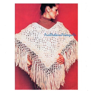 Vintage Crochet Pattern Womens Pretty Poncho Granny Square Fringed PDF Instant Digital Download 1970s Boho Hippie Chic 10 Ply