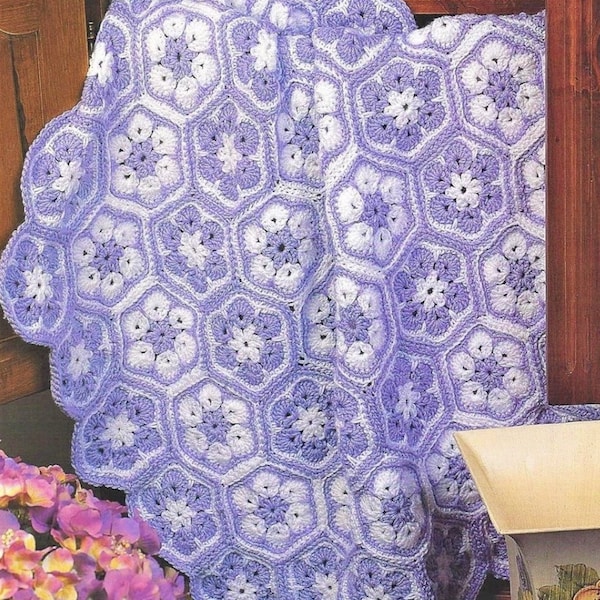 Vintage Crochet Pattern Hexagon Flower Blanket Afghan PDF Instant Digital Download Pretty Floral Throw 40x40 10 Ply