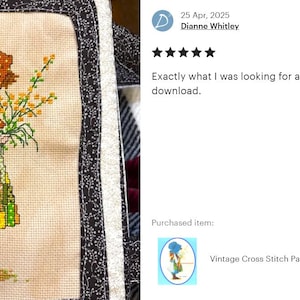 May include: A cross stitch pattern featuring a girl in a brown dress and a brown bonnet holding a bouquet of yellow flowers. The pattern is on a beige background with a black and white border.