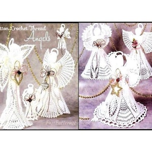 Puede incluir: Cinco &aacute;ngeles de crochet blanco con detalles dorados y marrones. Los &aacute;ngeles est&aacute;n hechos con hilo de crochet de algod&oacute;n y est&aacute;n decorados con cuentas y flores. El texto "Cotton Crochet Thread Angels" est&aacute; en la parte superior de la imagen.