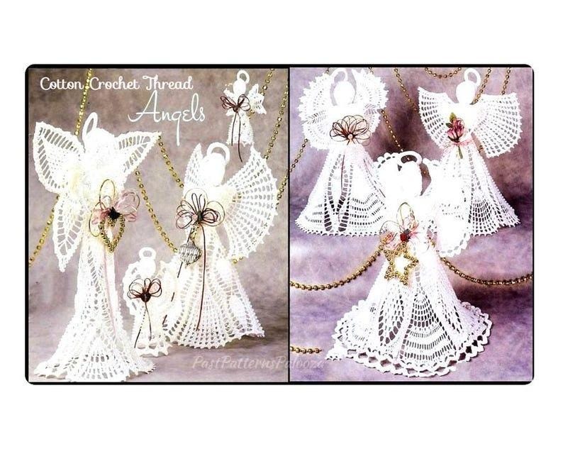 Puede incluir: Cinco &aacute;ngeles de crochet blanco con detalles dorados y marrones. Los &aacute;ngeles est&aacute;n hechos con hilo de crochet de algod&oacute;n y est&aacute;n decorados con cuentas y flores. El texto "Cotton Crochet Thread Angels" est&aacute; en la parte superior de la imagen.