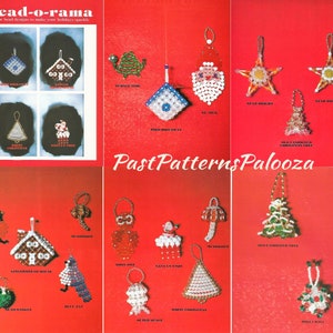 May include: A collection of 18 bead ornament designs for the holidays. The designs include a gingerbread house, a Christmas tree, a Santa Claus, a star, a turtle, a bird, and more. The designs are all made with beads and wire. The text "Bead-o-rama" is at the top of the page. The text "Past Patterns Palooza" is in the middle of the page.