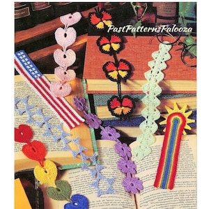 Vintage Thread Crochet Pattern Fun Pretty Bookmarks In 8 Designs PDF Instant Digital Download Hearts Flower Rainbow Butterfly Flag Stars