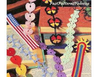 Vintage Thread Crochet Pattern Fun Pretty Bookmarks In 8 Designs PDF Instant Digital Download Hearts Flower Rainbow Butterfly Flag Stars