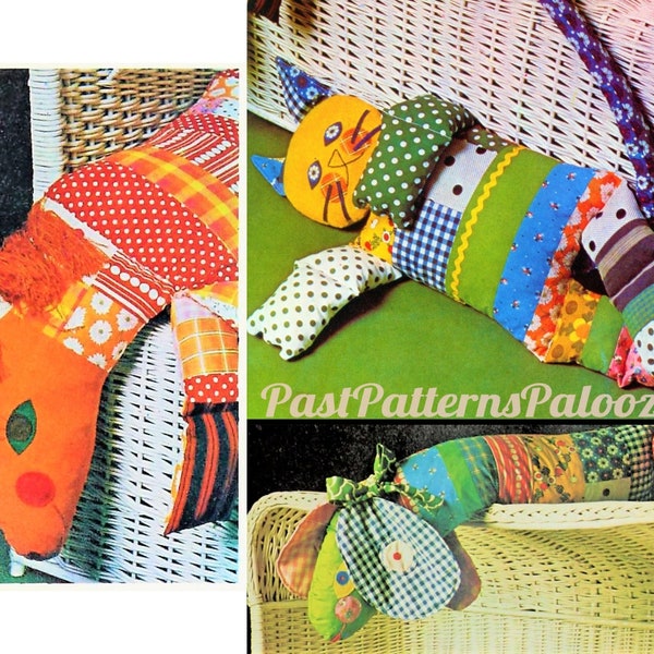 Vintage Sewing Pattern Jumbo Patchwork Animals Kitty Cat Dog Horse Pony PDF Instant Digital Download Funky Boho Mod Stuffed Soft Toys 1970s