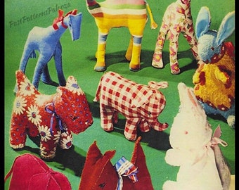 Vintage Sewing Pattern Retro Soft Fabric Toy Animals PDF Instant Digital Download 1972 Camel Giraffe Scottie Dog Bunny Elephant 6-12"