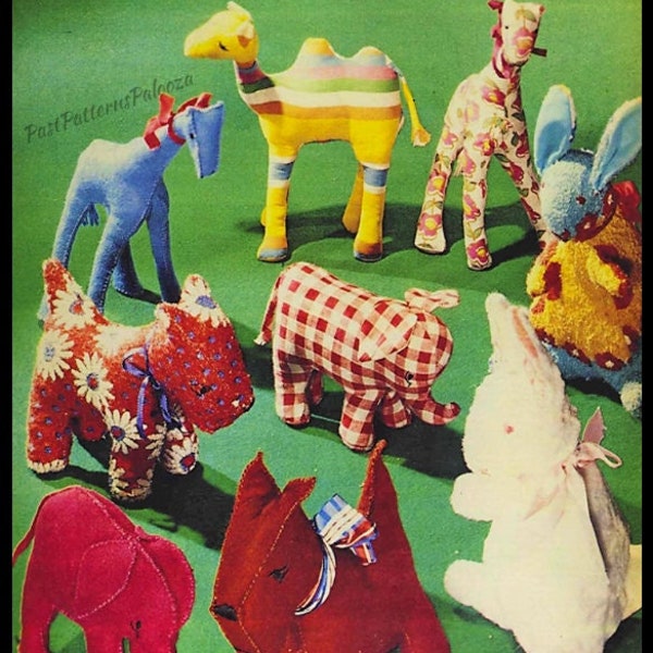 Vintage Sewing Pattern Retro Soft Fabric Toy Animals PDF Instant Digital Download 1972 Camel Giraffe Scottie Dog Bunny Elephant 6-12"